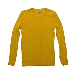 Yellow Cable Knit Crewneck Ribbed Sweater Size Small Grandpa Tennis Varsity